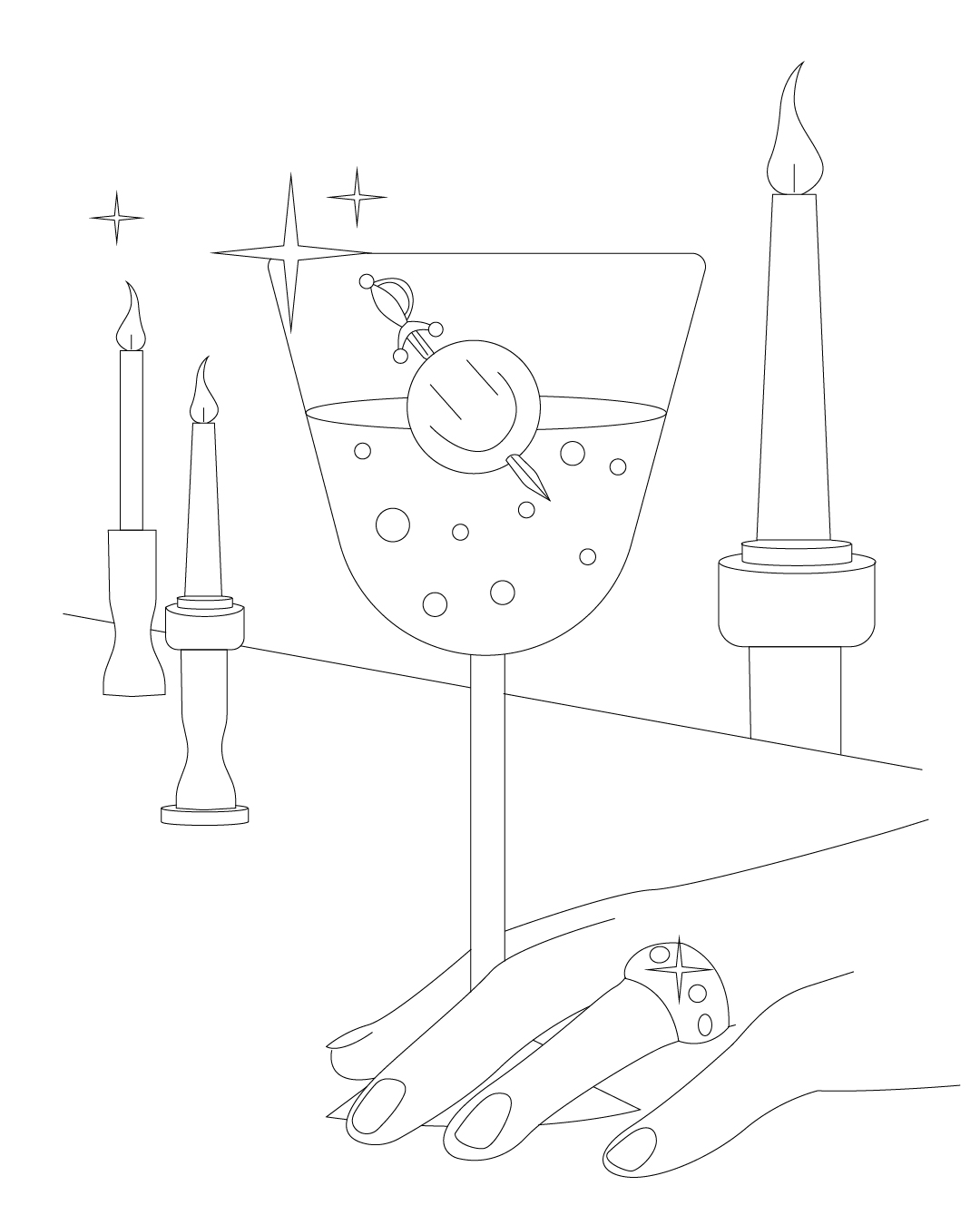 A hand holding a full cocktail glass on a table, candles in the background